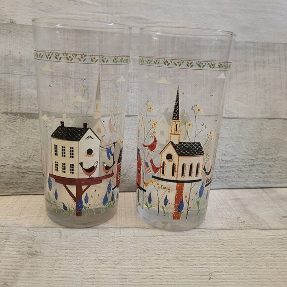 Vintage Warren Kimble Americana Birdhouse Glass Tumbler Set Of 2 - Picture 1 of 4